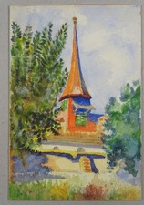 Landschaft mit Kirchturm - Gemälde Aquarell - Kunst Malerei Architektur - 20.Jh.