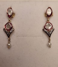 Antike Diamant Ohrringe Viktorianisch Vergoldetes Sterlingsilber Emaille Perle