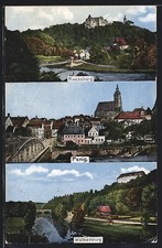 Penig, Ortstotale, Blick auf Rochsburg und Wolkenburg, Ansichtskarte 1921 