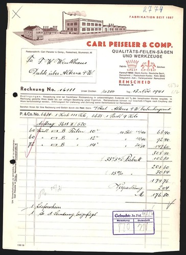 Rechnung remscheid 1941 - 1941,, carl
