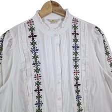 Boden besticktes hochgeschlossenes Rüschenhemd UK 18 weiß Blumen Langarm Knopfleiste