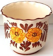 kleiner Blumentopf Blumen-Motiv  Ø 14 cm / Höhe 12,5 cm Keramik weiß braun gelb