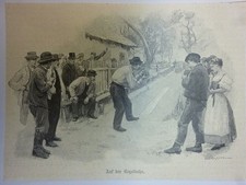Orig. Holzstich - Kegeln - Auf