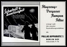 Alte grosse Werbung 1936 Flugzeug-Vergaser Pumpen.. Pallas Apparate Flugzeugbau