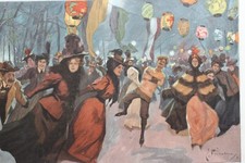 Antiker Aquarellfacsimileholzschnitt Holzschnitt Eisfest Bong nach E. Heilemann