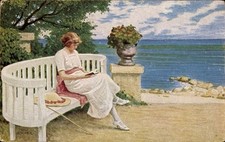 Künstler Ak Fischer, P., Frau liest ein Buch, Sitzbank - 4870667