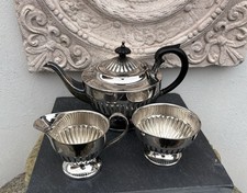 Tee Service England Silberauflage Teekanne Milch Zucker Queen Anne Tea Set rund