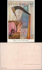 Lied an den Abendstern. Kinder Künstlerkarte Mädchen an der Harfe Hund 1912