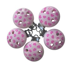 5 Schnullerketten Clips Holz hellrosa mit Herzen DIN EN 71-3 Bastelmaterial Baby