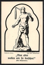 Künstler-AK Nun aber wollen wir sie dreschen!, Michel mit Dreschflegel 