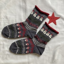 Handgestrickte Norwegersocken Gr.39-41 Schneemann ⛄️ Fliegenpilz ? grau-bunt