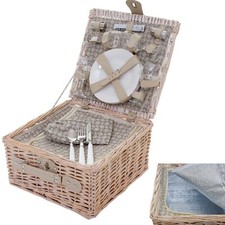 Picknickkorb-Set für 4 Personen, Kühlfach Porzellan Glas Edelstahl, beige