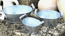 Zinkwanne,mit Henkeln,Pflanzgefäß,oval,3er Set,23,18 und 14cm lang
