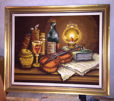 Stickbild-Wollbild-Wandbild im goldfarben Rahmen  58x49 cm.mit Abendgeige Motiv