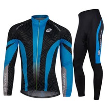 Herren Atmungsaktiv Thermo Sport Jacke Fahrradtrikot & Radlerhose Langarm Blau