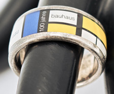 Design Ring 925 er Sterling Silber Bauhaus 100 Jahre Emaille ? Keramik? Vintage