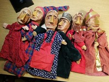 6 alte Kasperpuppen, Handpuppen, mit Holzkopf