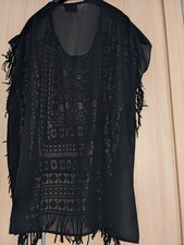Damen Beach Strand Tunika 48/50 Schwarz mit Fransen Transparent 