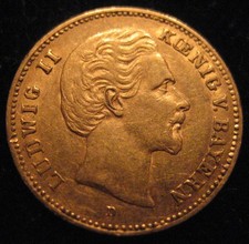 MDS DEUTSCHES REICH KAISERREICH BAYERN 5 MARK 1877 D "LUDWIG II.", GOLD #B