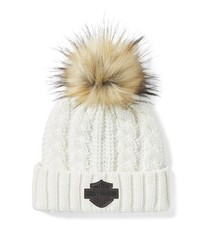 Harley-Davidson Leather Patch Pom Beanie Damen Bommel Mütze weiß