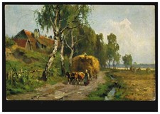 Künstler-AK Landwirtschaft: Ochsengespann mit vollem Heuwagen, CÖLN 22.7.1909