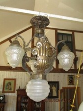 Große alte Hängelampe Eisen mit 4 Gläsern um 1900 guter Zustand Jugendstil