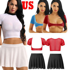 DE Damen Sexy Transparent Mesh Shirt Crop Top Bauchtanz T-Shirt Mesh Minirock	