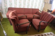 Vintagesofa Couch Garnitur Sitzgruppe Set rot 50er Jahre zwei Sessel geblümt