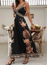 Damens Blumen-Maxikleid - V-Ausschnitt A-Linien Strandkleid mit Blumenmuster