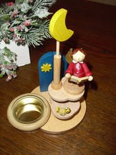Erzgebirge Teelichthalter Engel mit Buch und Mond Holz natur/bunt OVP NEU!!!