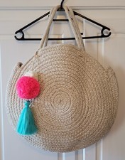 Damen Flechttasche Shopper Strandtasche rund natur mit Anhänger  Neu