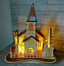 Holz Leuchtdekoration-Kirche beleucht.-Winterszene-Innen/Tisch Deko-Dekoration*