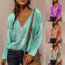 Frauen Langarm T-Shirt Reißverschluss Brief Drucken Tops Casual Baggy Bluse @ /