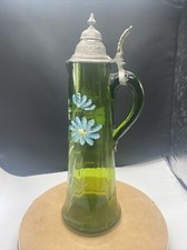 Antik Glas Krug Karaffe Zinndeckel Weinkrug Bierkrug Jugendstil Handbemalt Reg27