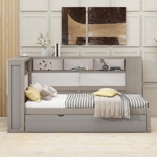 Holzbett Kinderbett 90x200 Bettgestell Mit Ausziehbares Bett und Eckschrank Grau