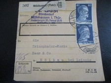 #1025 Paketkarte aus MÜHLHAUSEN (Thür.) nach Mölkau, Triumphator-Werke