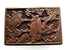 alte Rotlack Deckeldose China mit Gelehrten , Schnitzlack Asiatika