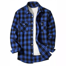 Herren Flanellhemd Tartan Holzfäller Casual Vintage Plaid Königsblau,S-3XL