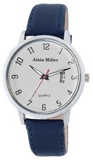 Alain Miller Herrenuhr Männer Quarzuhr Datum Kunstlederarmband Blau Leuchtzeiger