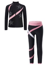 DE iEFiEL Mädchen Eiskunstlauf Anzug Set Trainingsanzug Langarm Jacke Leggings
