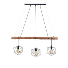Pendellampe Retro Holz Schwarz Metallkörbe Cage E27 3-Flammig Ast Holzast