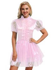 Damen Dienstmädchen Kleid French Maid Kostüm Kurzarm Minikleid mit Rüschen Sexy
