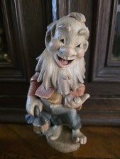 Selten Holzschnitzerei Holzfigur Lustige Gnom Kobold Zwerg m.Laterne Color 18 Cm