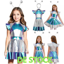 DE Kinder Mädchen Alien Kleid Kostüm Metallic Glitzer Partykleid Stehkragen 