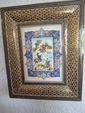 Persische Miniaturmalerei im Mosaikrahmen Polospiel  28cm hoch 22 cm breit