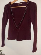 velvet - dunkelrote woll wickelstrickjacke mit pailetten 