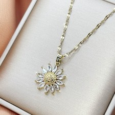 Edelstahl Damen Halskette Blumen Anhänger Frauen Schmuck Kette Gold Zirkonia