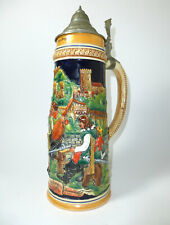 XXL Großer Bierkrug Krug mit Zinnmontur Steingut 1950er Jahre Emil Brack