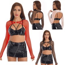 DE Damen Langarm Crop Top Netz Oberteil Kurz Shirt Durchsichtig Dessous Clubwear