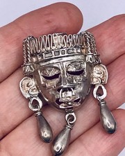 Vintage Azteken Kopf Ethno Maya 2in1 Anhänger Kettenanhänger Brosche 925 Silber